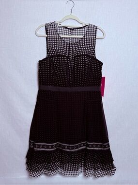 Betsey Johnson Polka Dot Mesh Dress 14 Black Fit & Flare Lace Trim Sleeveless
